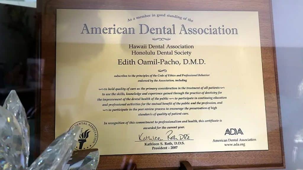 Dr. Edith's ADA certificate